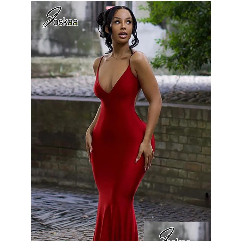 Basic & Casual Dresses Joskaa Valentines Day Red Spaghetti Strap Maxi Dress Women Y Sleevelss Backless Ruched Slim Robe Autumn Party Dhq1P