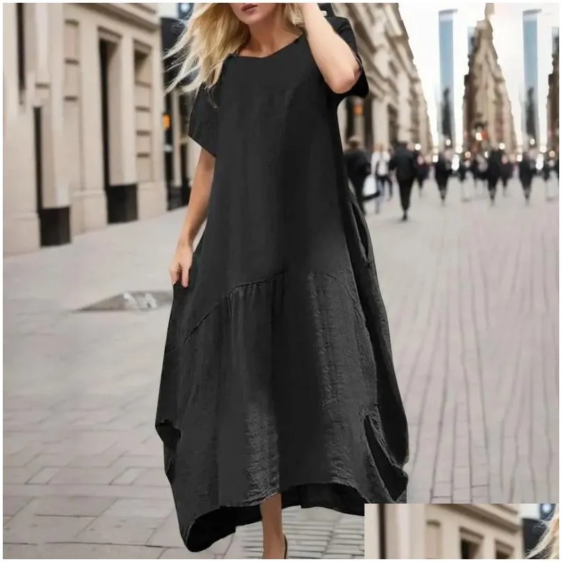 Casual Dresses Short Sleeve Pleated Loose Sundress Round Neck Solid Pocketed Long Bridesmaid Cocktail Party Dress Woman Clothing