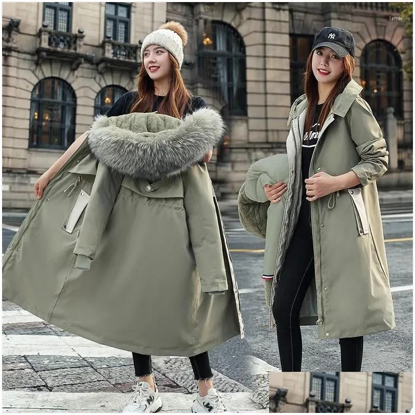 Women`s Down 2023 Winter Women Fleece Long Parkas Jackets 2 Pes Thicken Warm Fur Collar Hooded Padded Coat Female Outwear
