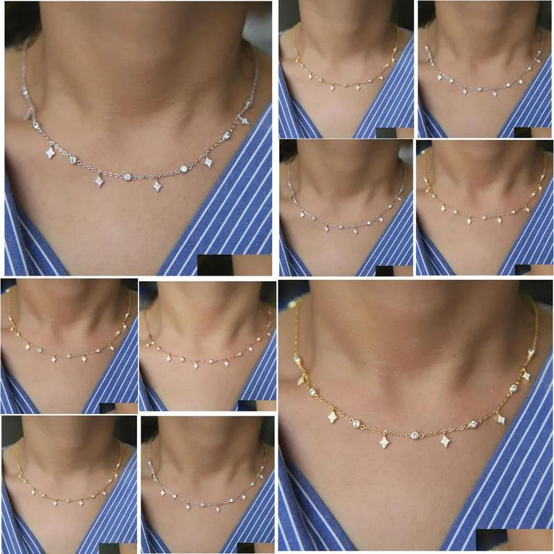 Pendant Necklaces Factory Fashion Women Choker 337Cm Gold Rose Rhodium Diamond Shape Cz Drop Charm Station Necklace Delivery Jewelry P Dhyy5