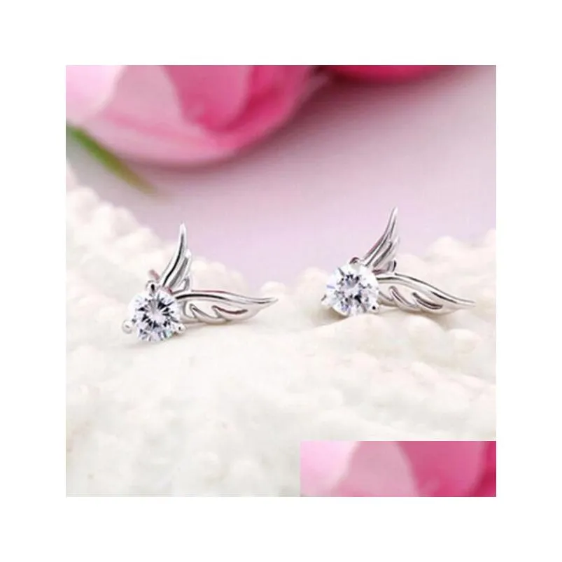 New Wome`s Silver Color Jewelry Angel Wings Crystal Ear Stud Earrings Shiny CZ Zircon Jewelry Brincos femme G533