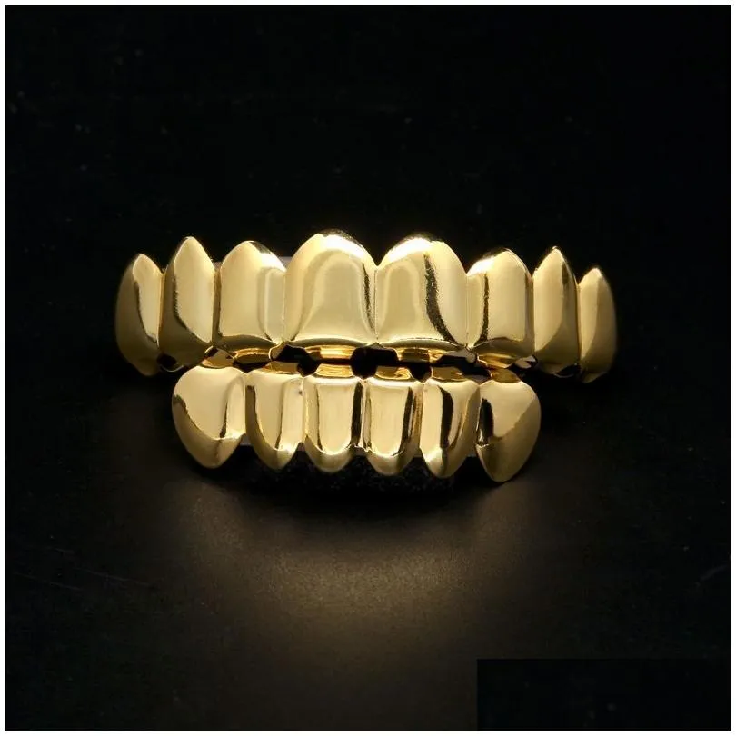 Mens Gold Grillz Teeth Set Fashion Hip Hop Jewelry High Quality Eight 8 Top Tooth & Six 6 Bottom Grills