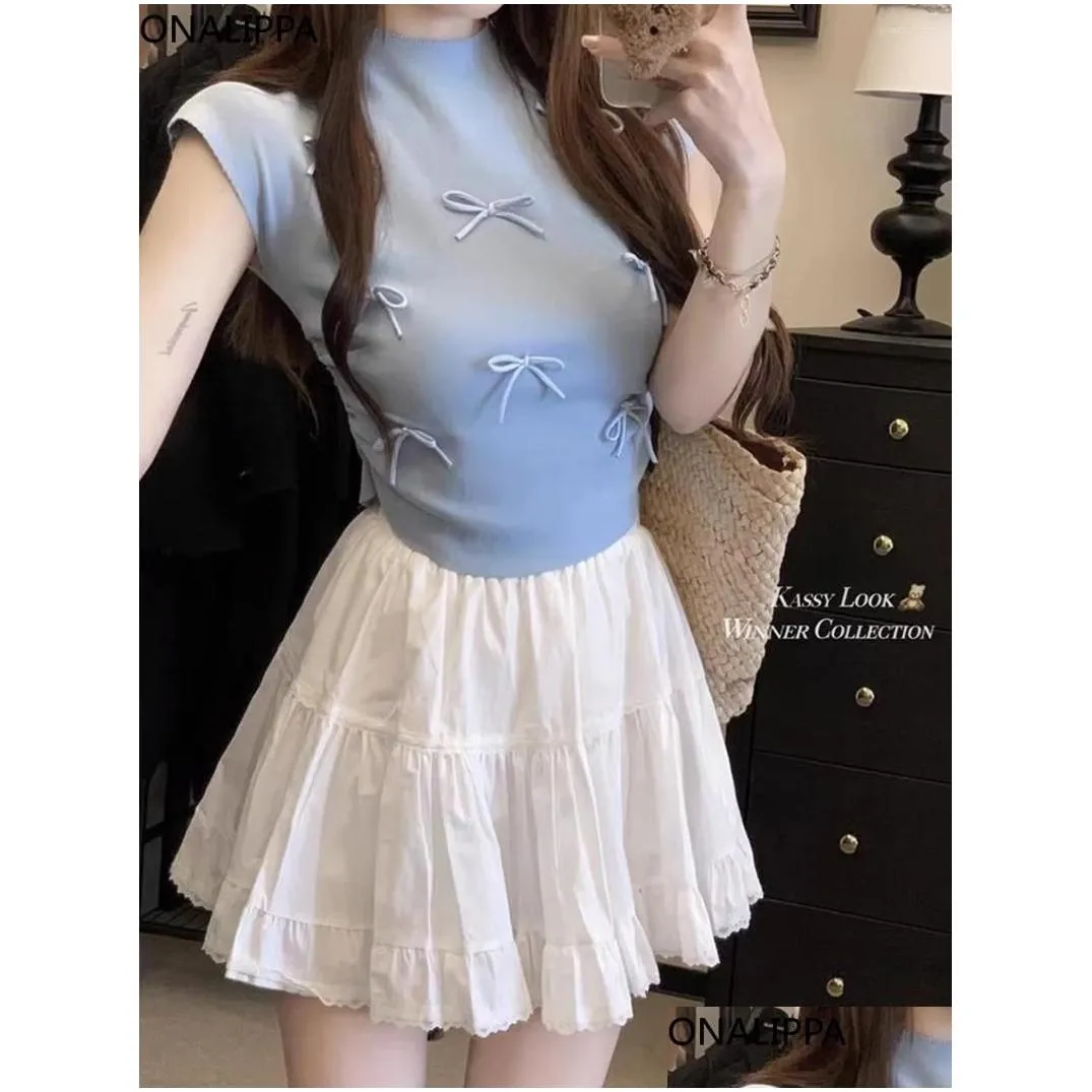 Women`s T Shirts Onalippa Sweet Three Dimensional Bows For Women Elastic Short Sleeves Bottoming Shirt Korean Solid Cropped Pullover