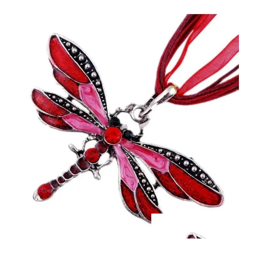 Pendant Necklaces Wholesale 6 Colors Vintage Enamel Dragonfly Crystal Organza String Necklace Fashion Jewelry Ship Drop Delivery Penda Dhnn7