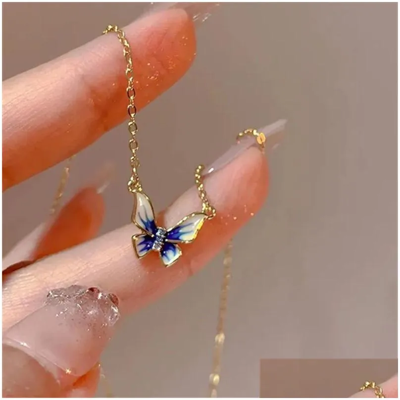 Fashion Trend Unique Design Elegant Exquisite Light Luxury Enamel Butterfly 14k Yellow Gold Necklace Female Jewelry Party Premium Gift