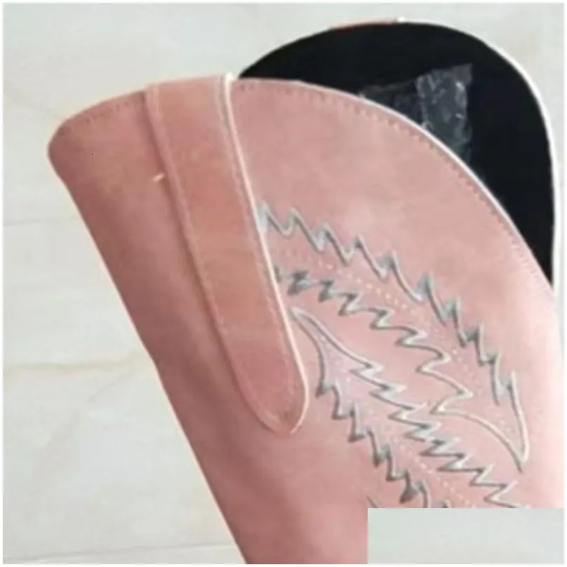 Boots Retro Western  Boots Pink Elegant Women Shoes Point Head Side Zipper Fashion Comfy Lady Flat Footwear Botas Vaqueras