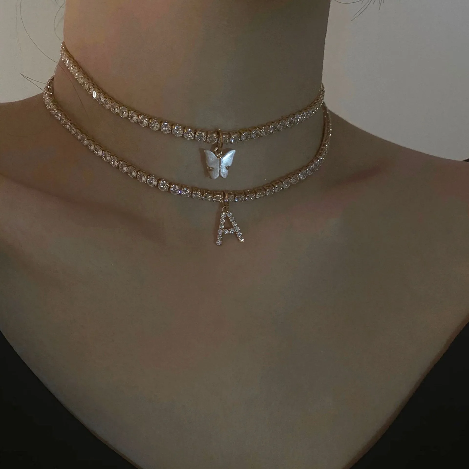 Multilayer Butterfly Pendant Necklace Women Silver Color 26 Initials Letters Crystal Chain Necklace Collar Jewelry
