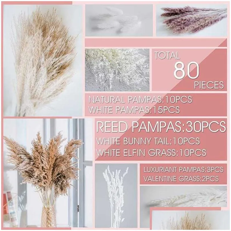 Dried Flowers 80Pcs Natural Pampas Grass Wheat Stalk Bouquet For Wedding Floral Arrangement Fluffy Pompas Style Boho Home Decor 1208 D Dhhc3