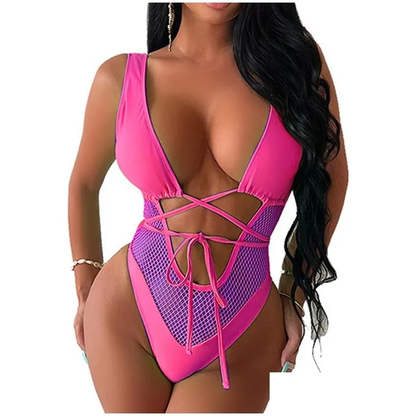 Swimsuit female mesh openwork lace-up swimsuit sexy backless one-piece women`s swimsuit