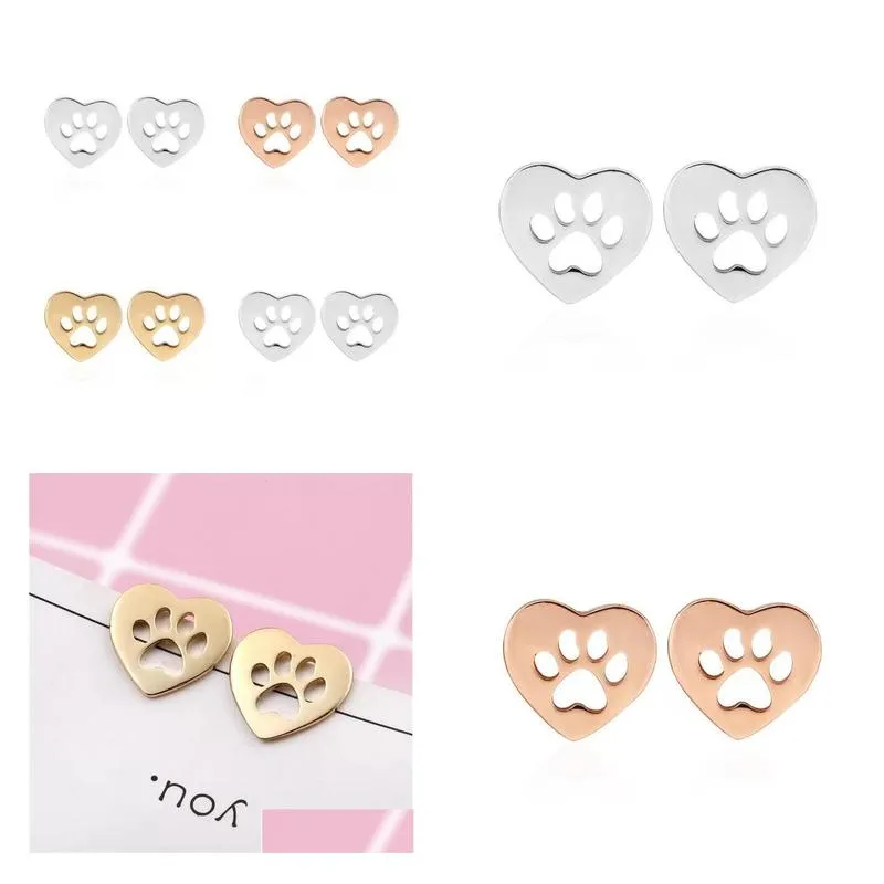 Stud Dog Paw Earrings Jewelry Women Plated Gold Hollowing Out Love Heart Footprint Ear Studs Valentines Day Gift Drop Delivery Dhd5P