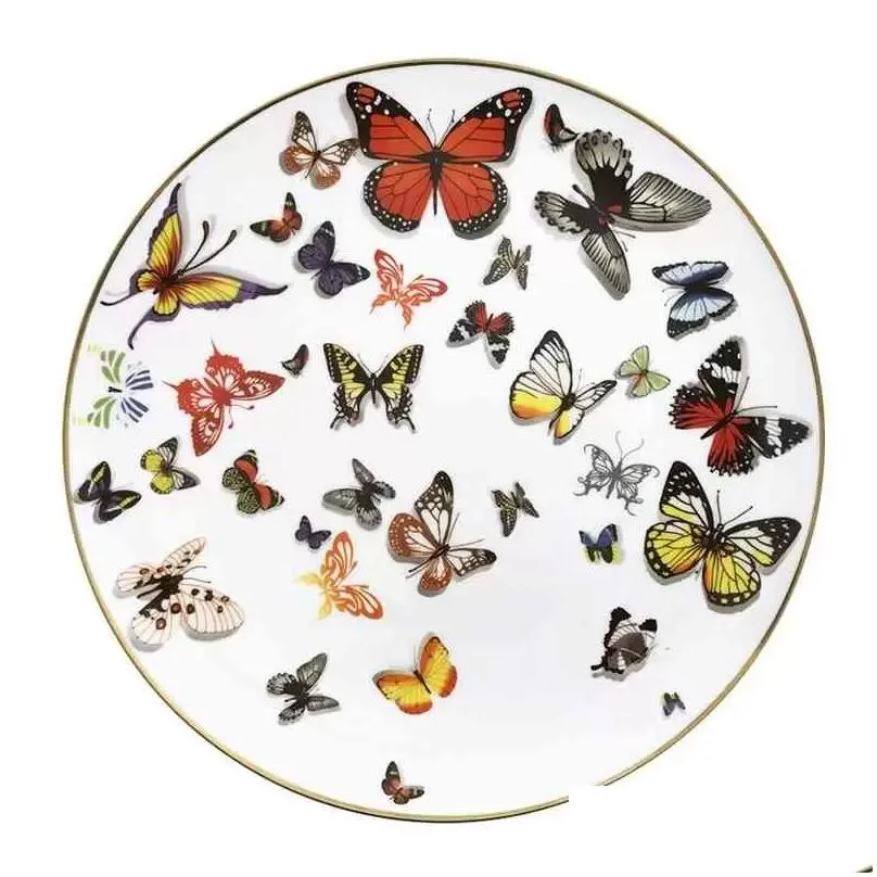 Dishes & Plates New Ceramic Tray Steak Flat Plate Dish Gold Rim Tableware Butterfly Pure White Cake Home Dining Bone Drop Delivery Gar Dhjnb