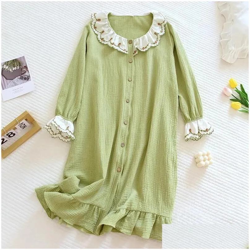 Women`s Sleepwear 2023 Embroidered Suit Collar Cotton Pajamas Dress Spring Autumn Long-sleeved Knee-length Night Women Loose Nightgown