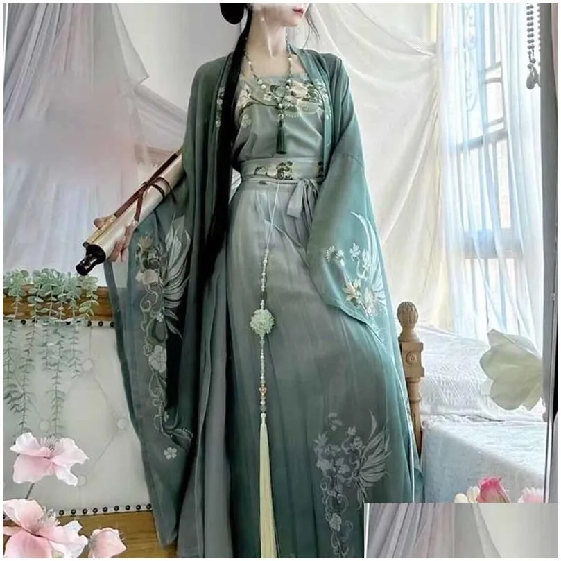 Ethnic Clothing Hanfu Dres Chinese Traditional Vintage Female Halloween Cosplay Costume Printed Green 3pcs Sets Plus 231212