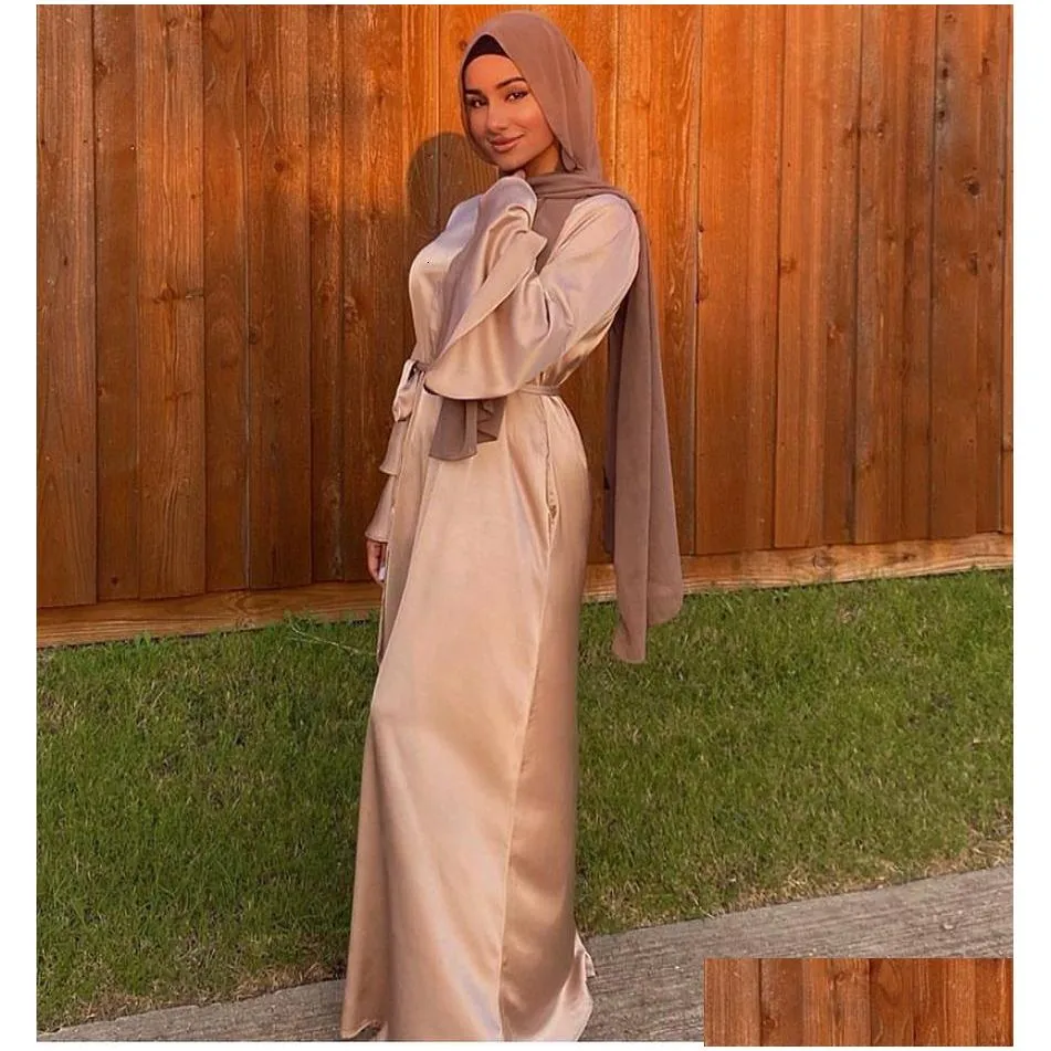 Ethnic Clothing Ramadan Eid Satin Hijab Dress Dubai Abaya Turkey Summer Flare Sleeve Muslim Fashion Maxi Dresses For Women Islam Kaft Dhdiv