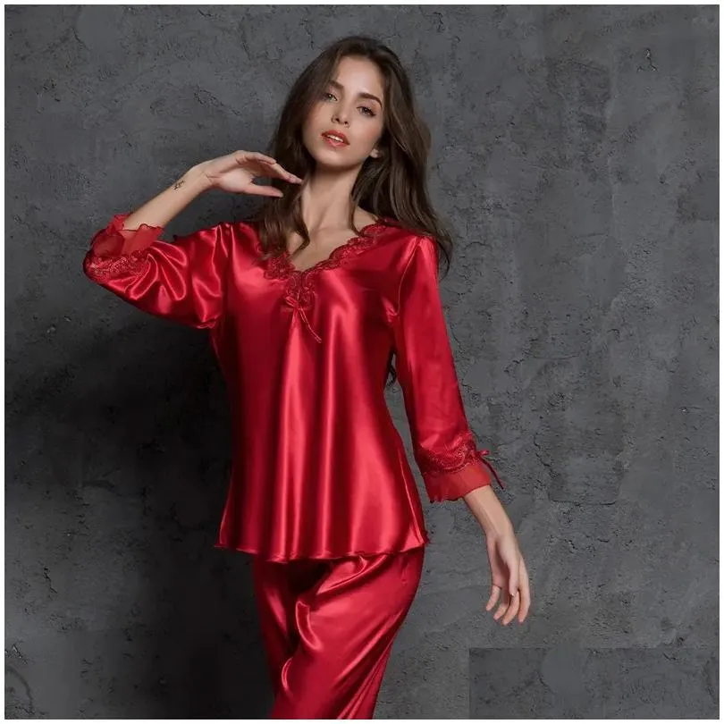 Women`S Sleepwear Women Bowknot Pajamas Sets With Pants Long Sleeve Satin Casual Pyjama Nightwear Loose Home Clothes Silk Pijama 2011 Dh0Cw