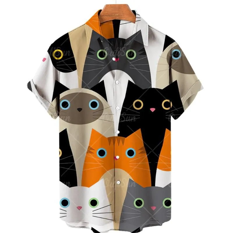 Men`s T-Shirts Cat Print T-shirt Summer 2022 Cotton Soft 3d Clothes Men/Women V-neck Fashion Buttons Personality Tops Hawaiian Lapel