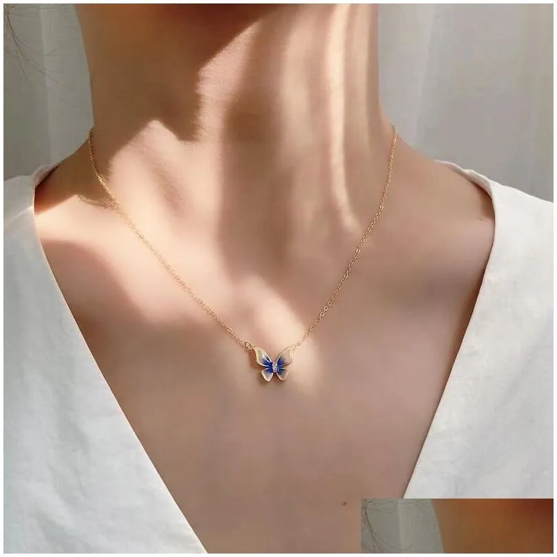 Fashion Trend Unique Design Elegant Exquisite Light Luxury Enamel Butterfly 14k Yellow Gold Necklace Female Jewelry Party Premium Gift