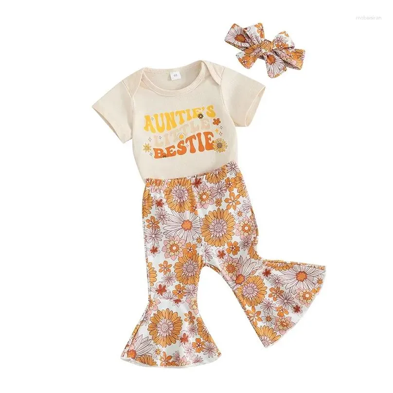 Clothing Sets Born Baby Girl Summer Clothes Aunties Little Ie Short Sleeve Romper Floral Bell Bottom Pants Headband Set