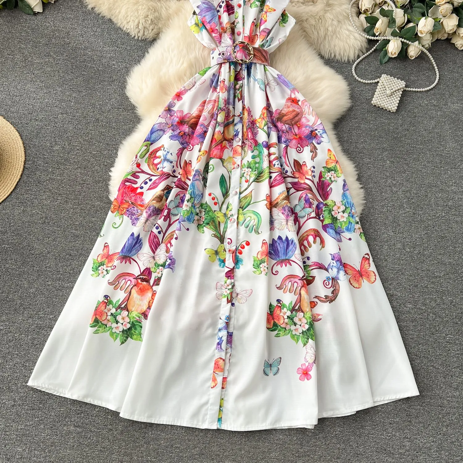 Runway Women Dresses A Line Runway Summer Holiday Gorgeous Flower Long Dress Women`s Stand Sleeveless Single Breasted Belt Floral Print Long Vestidos