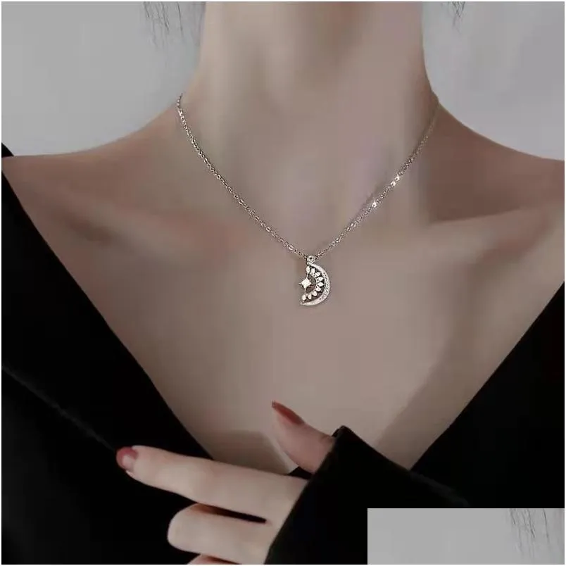 14k Gold Semicircle crescent moon Necklace For Women Girls Zircon star moon necklace Vintage Jewelry Collier