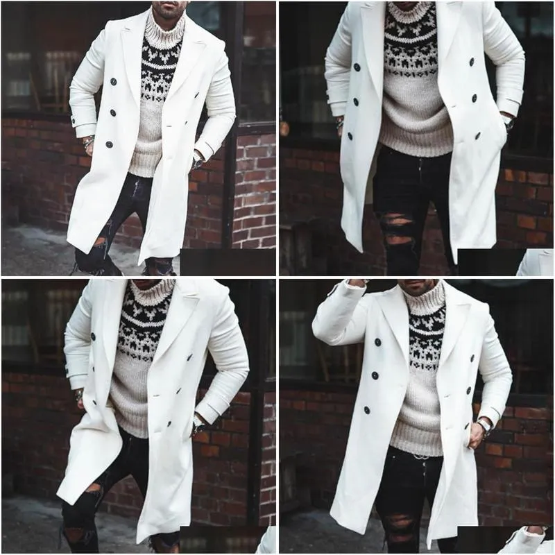 Men`S Wool & Blends Mens European Men Coat Double-Breasted White Pocket Lapel Long Trench Oversize Outwear Fashion Casual Office Jacke Dh4Nc