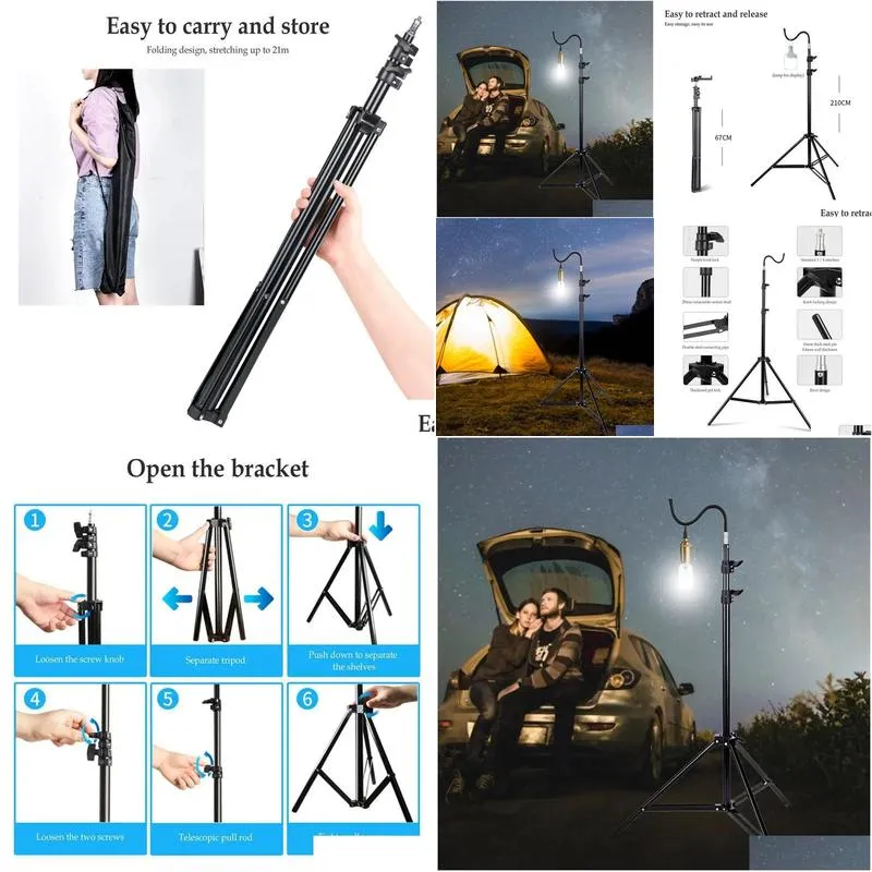 2m Light Stand Folding Telescoping Tripod Adjustable Lightweight Aluminium Floor Lamp Holder Tripod Outdoor Camping Accessories 240319