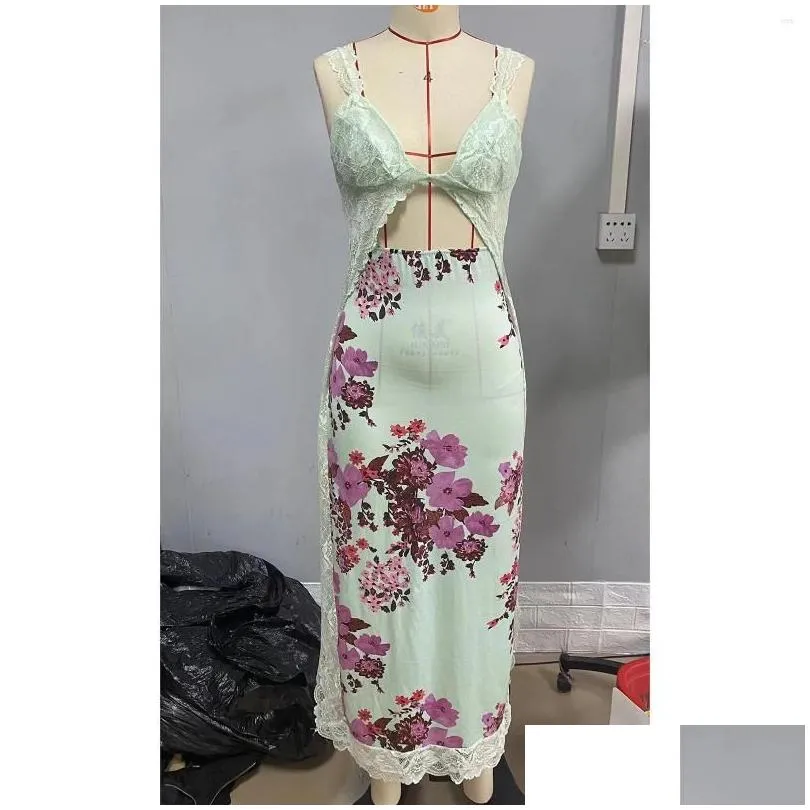 Casual Dresses Women Y2k Sexy Floral Print Bodycon Elegant Long Dress Sleeveless Spaghetti Straps Lace Patchwork