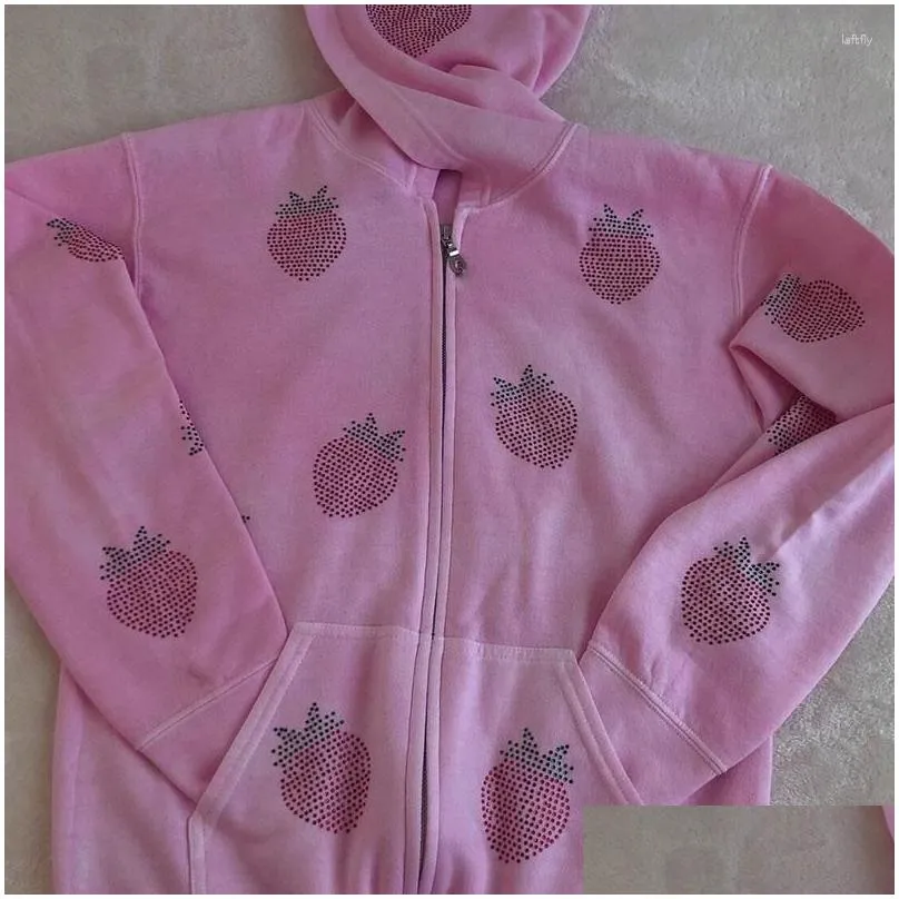 Women`s Hoodies Y2k Strawberries Rhinestone Pink Bling Women Jacket Coat 2023 Gothic Harajuku Zip Up Hoodie Streetwear Grunge