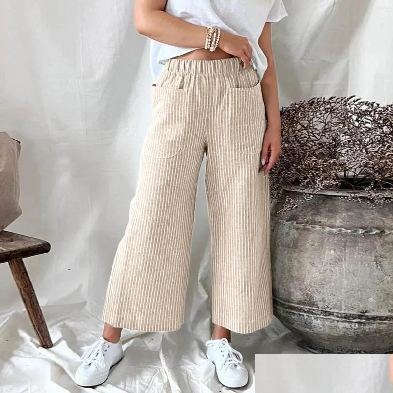Women`s Pants Summer Pocket Solid Color Elastic Waist Wide Leg Women Cotton Linen Loose Office Lady Pleated Fashion Casual Trousers