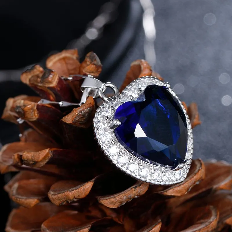 Really 925 Sterling Silver Necklace Big 6ct Heart of the ocean Blue Sapphire Wedding Pendant Necklaces for Women Jewelry gift