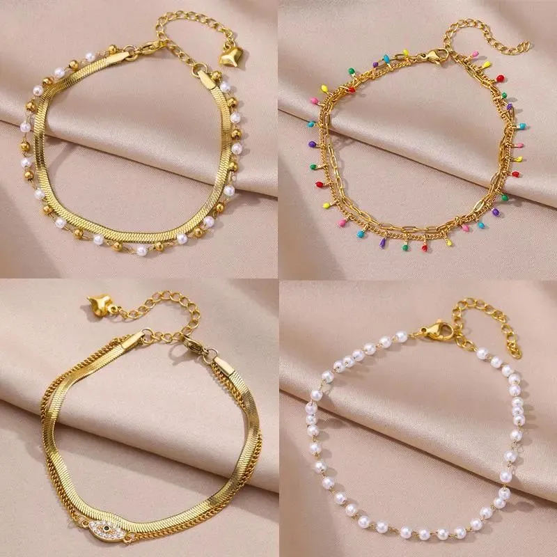 Anklets for Women Summer Beach Accessories 14k Yellow Gold Pearl Chain Anklet Golden Color Leg Bracelets Bodychain Gifts