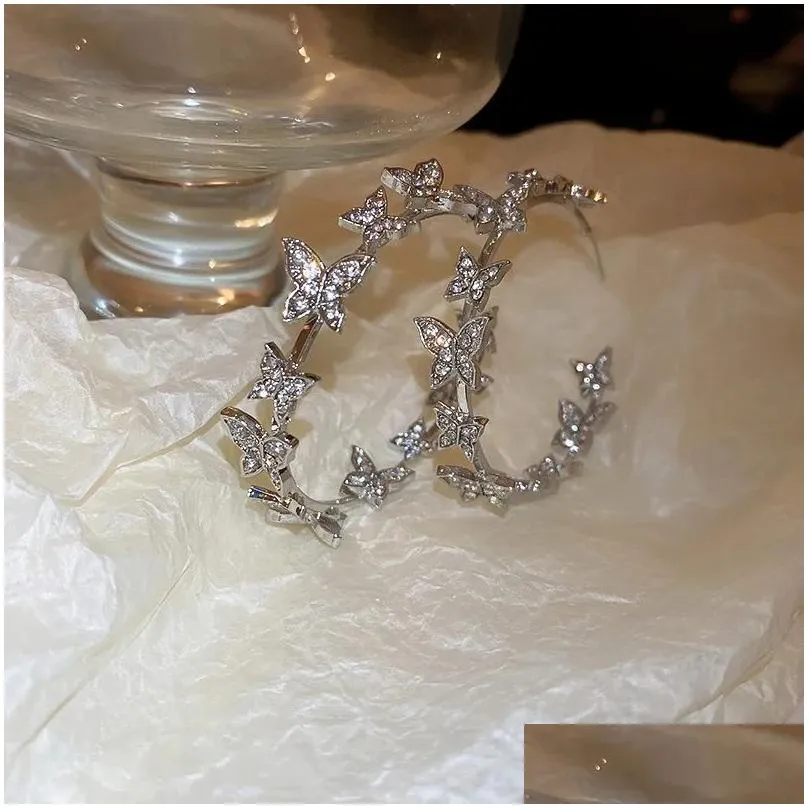 2024 New Korean Style Butterfly Hoop 14K White Gold Earrings Personality Fashion Geometric Rhinestones Earrings Party For Women Jewelry