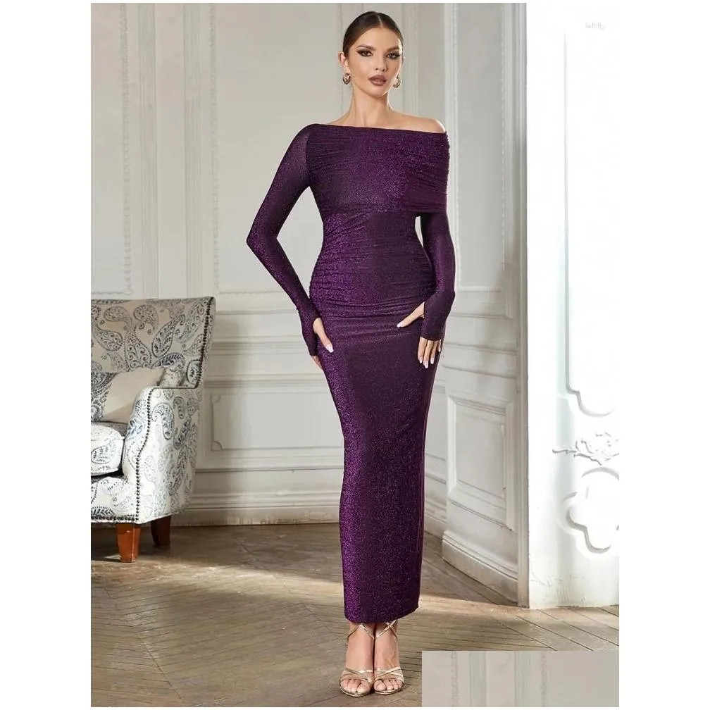 Casual Dresses Sexy One Shoulder Pleated Long Dress Women Purple Brilliant Sleeves Folds Design Bodycon Maxi Cocktail Evening Party