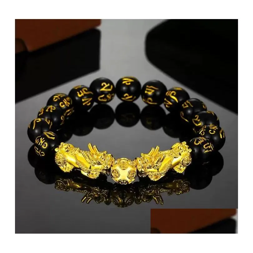 Beaded Good Luck Wealth Strands Bracelets Jewelry Black Obsidian Beads Pixiu Bracelet Six Words Feng Shui Prosperity Pi Xiu For Men D Dhd0V