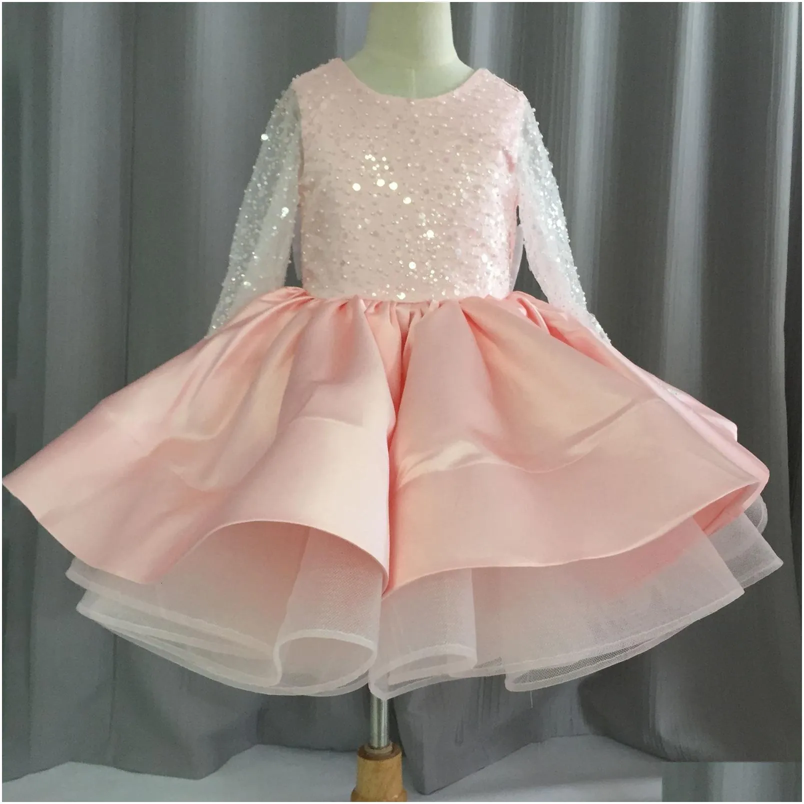 Girl`s Dresses Formal Long Sleeve Lace Sequins Wedding Princess Dress Host Birthday Evening Bow Kids Dress for Girl Bridesmaid Children Clothes