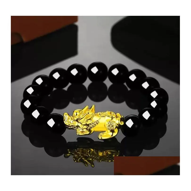 Beaded Good Luck Wealth Strands Bracelets Jewelry Black Obsidian Beads Pixiu Bracelet Six Words Feng Shui Prosperity Pi Xiu For Men D Dhd0V