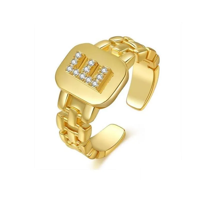 Band Rings Adjustable 18K Gold Plated A-Z Letters Ring Watchband Square Initial Letter For Women Wholesale Drop Delivery Jewelry Dh5Ij