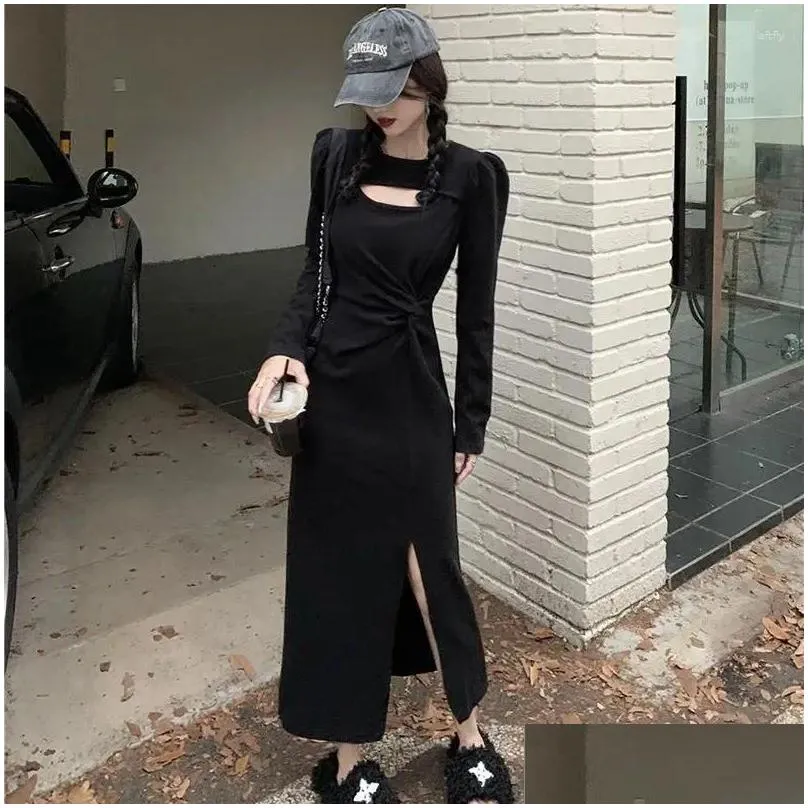 Casual Dresses Women Folds Mid Calf Dress Korean Side Slit Long Sleeve Knitted Sexy High Waist Hollow Out Party Club Skinny Vestidos