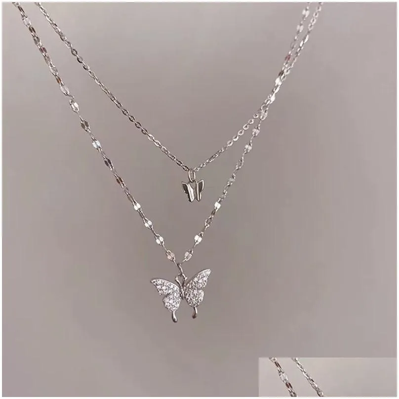 2024 New Shiny Silver Colour Butterfly 14K White Gold Necklace Ladies Exquisite Double Layer Clavicle Chain Necklace Jewelry for Ladies