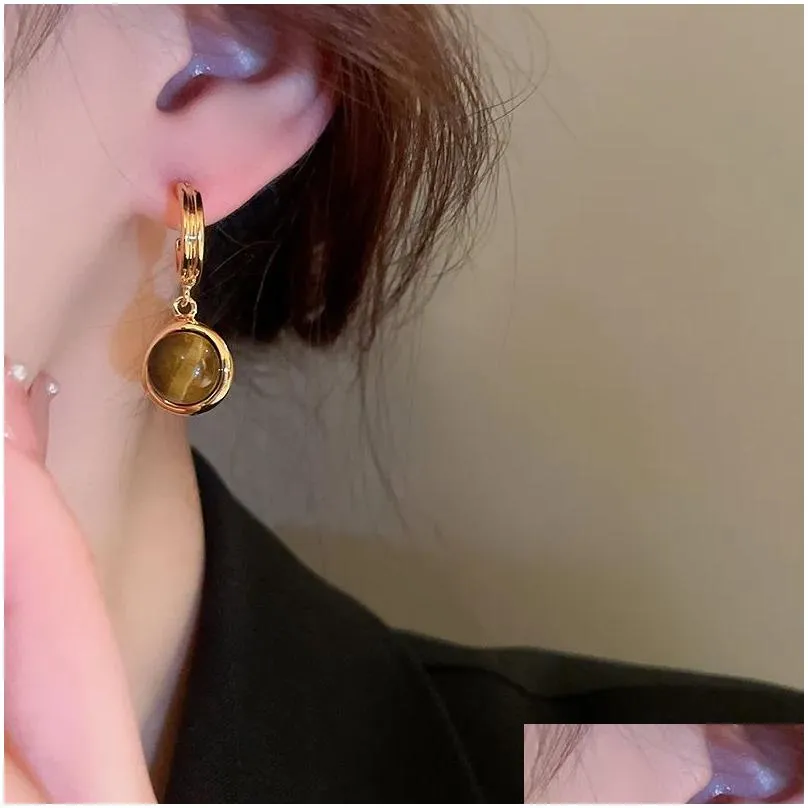 2024 New Fashion Trend Unique Design Elegant Delicate Vintage Amber Round 14k Yellow Gold Earrings Women Jewelry Party Premium Gifts