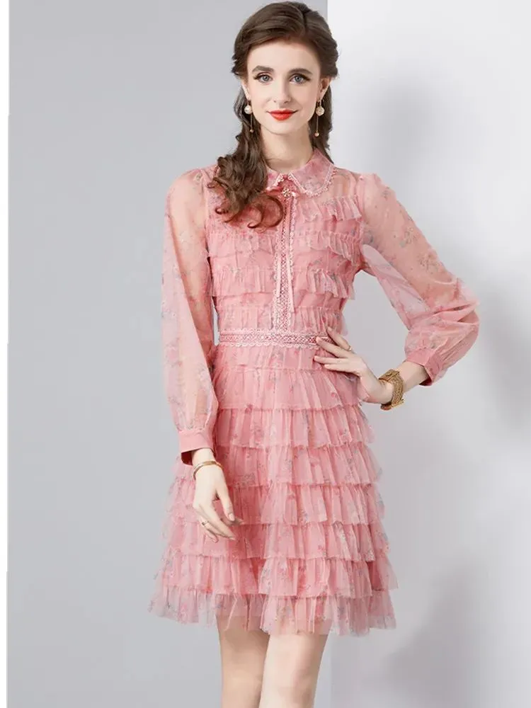 Basic Casual Dresses A Line Casual Dresses Sweet Pink Print Ruffle Elegant Dresses For Women Lapel Long Sleeve High Waist Dress Female Fashion Clothing New