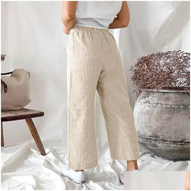 Women`s Pants Summer Pocket Solid Color Elastic Waist Wide Leg Women Cotton Linen Loose Office Lady Pleated Fashion Casual Trousers