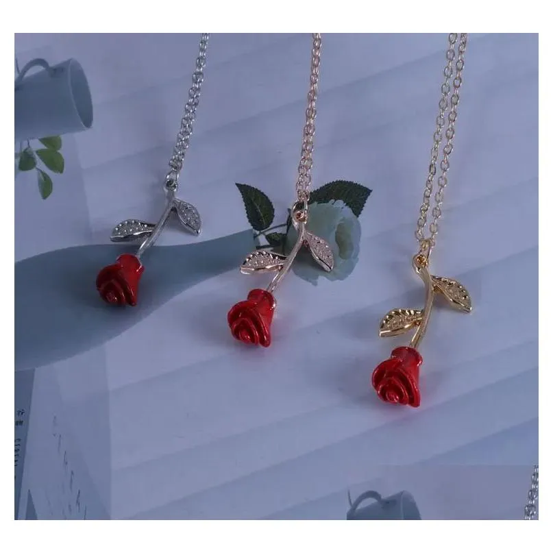Pendant Necklaces Romantic Red Rose Necklace Valentines Day Gift For Girlfriend Designer Jewelry Accessories Drop Delivery Pendants Dhtqu