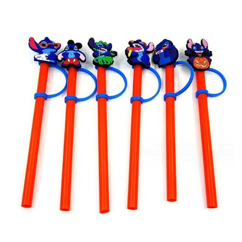 new styles blue straw toppers covers charms pvc reusable dust plug cartoon anime decoration accessories for straws