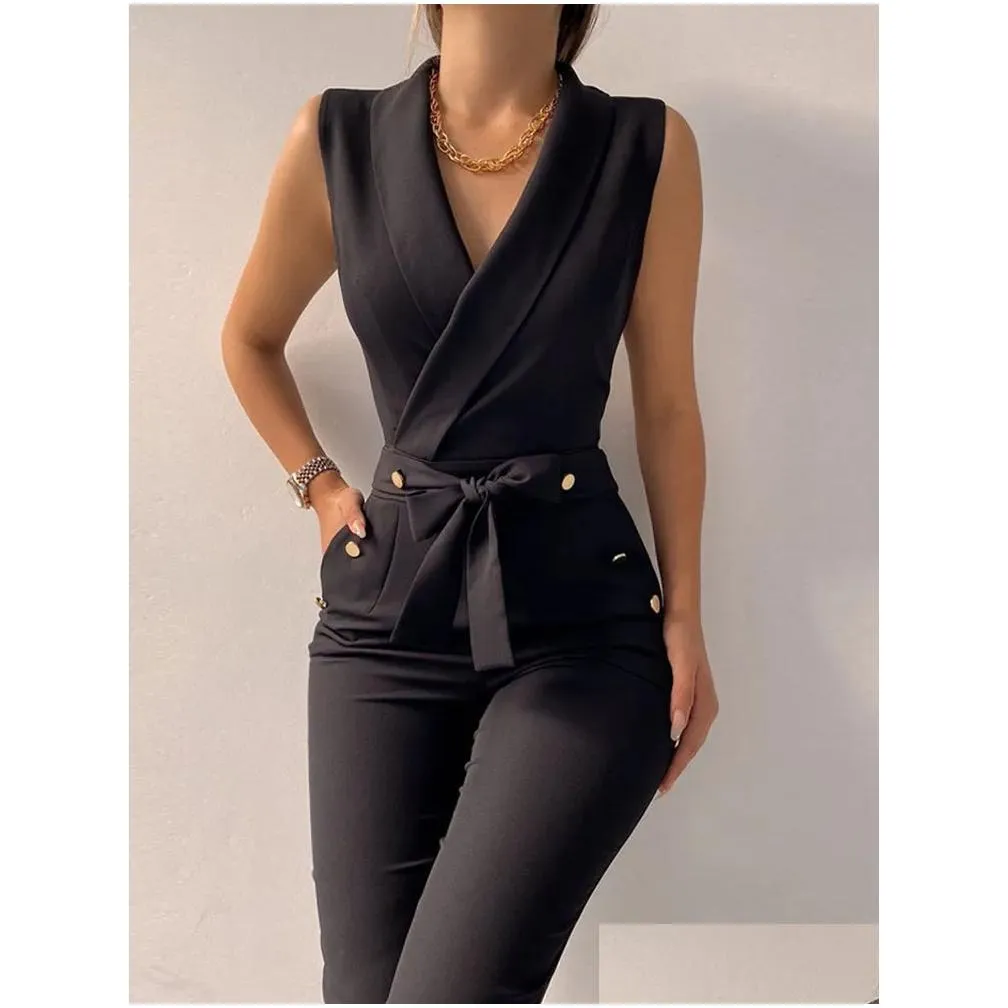 Women`S Jumpsuits & Rompers Y Black Office Jumpsuit Lady Elegant Pocket Metal Button Bodycon Playsuit Casual Sleeveless Lace-Up Rompe Dhca3