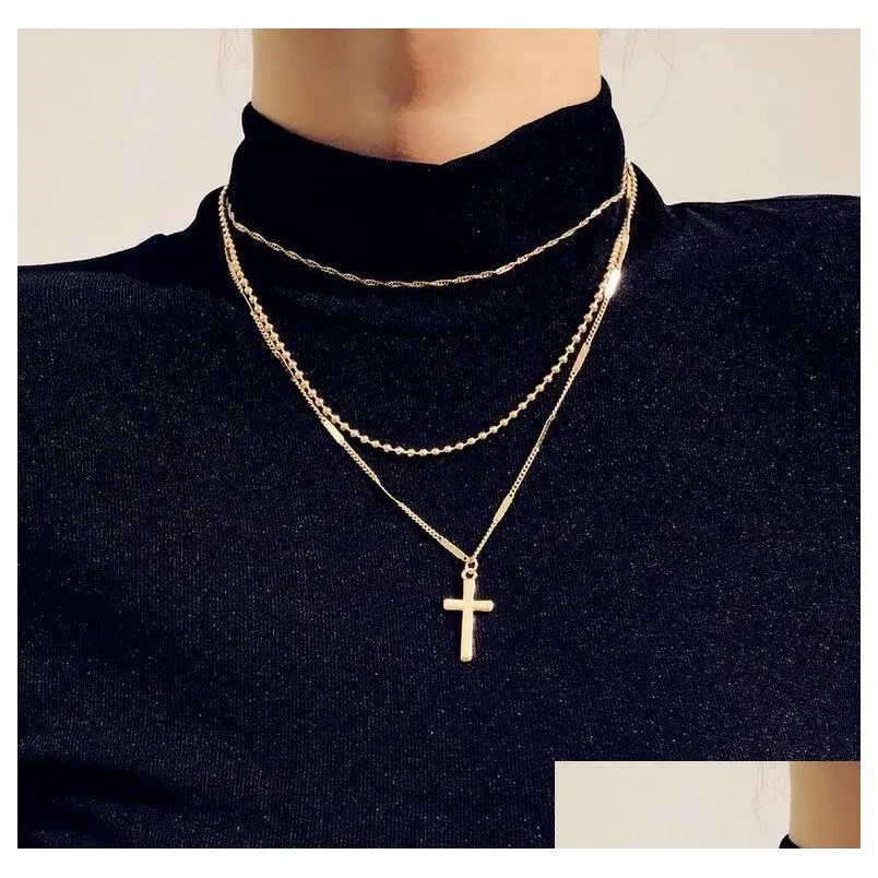 Pendant Necklaces Cross Necklace Mti-Layer Chains Ladies Simple Sweater Fashion Jewelry Sier And Gold Colors Drop Delivery Pendants Dhxlj