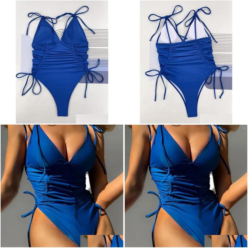 Women`s Swimwear Wrinkled V Neck Lace Up Strappy Women One Piece Swimsuit Female High Leg Cut Monokini Bather Bathing Suit Swim