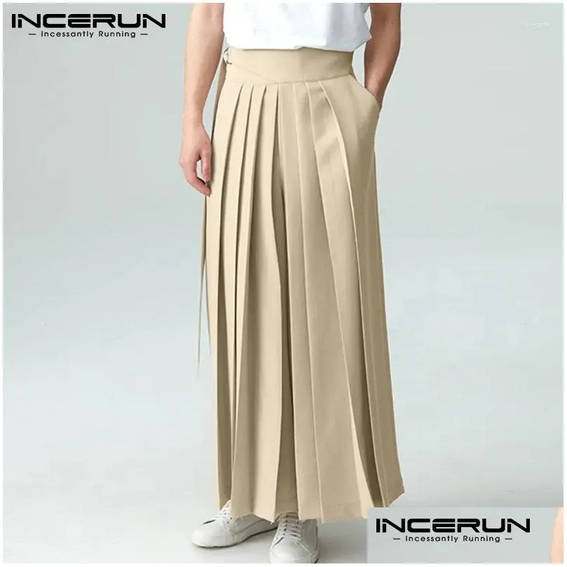 Men`s Pants Men Pleated Solid Color Lace Up Pockets Loose Wide Leg Trousers 2024 Streetwear Fashion Casual Pantalon S-5XL INCERUN