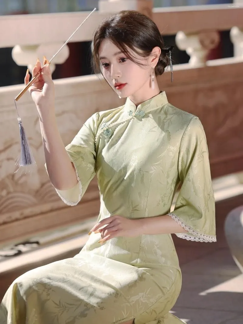 Ethnic Clothing Young Chinese Style Green Composite Mesh Inverted Large Sleeve Cheongsam Spring Elegant Everyday Dress