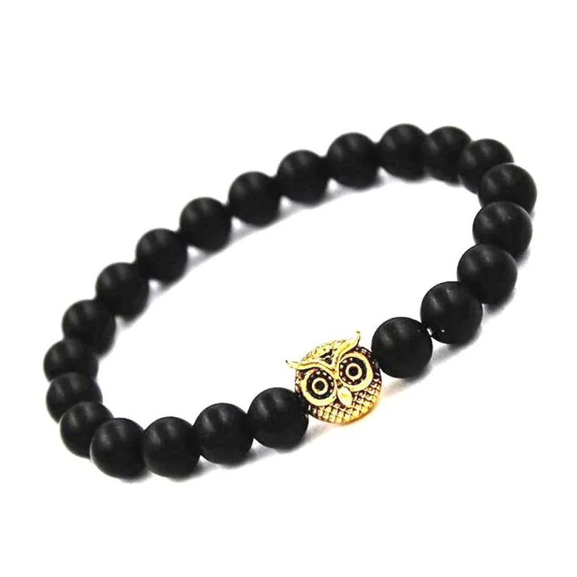 Beaded 8Mm Black Natural Vocanic Rock Owl Beads Bracelets Chakra Lava Stone Men Women Bracelet Strand Strength Costume Jewelry Drop D Dhwk1